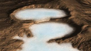 A photo of icy-looking glaciers on the surface of Mars