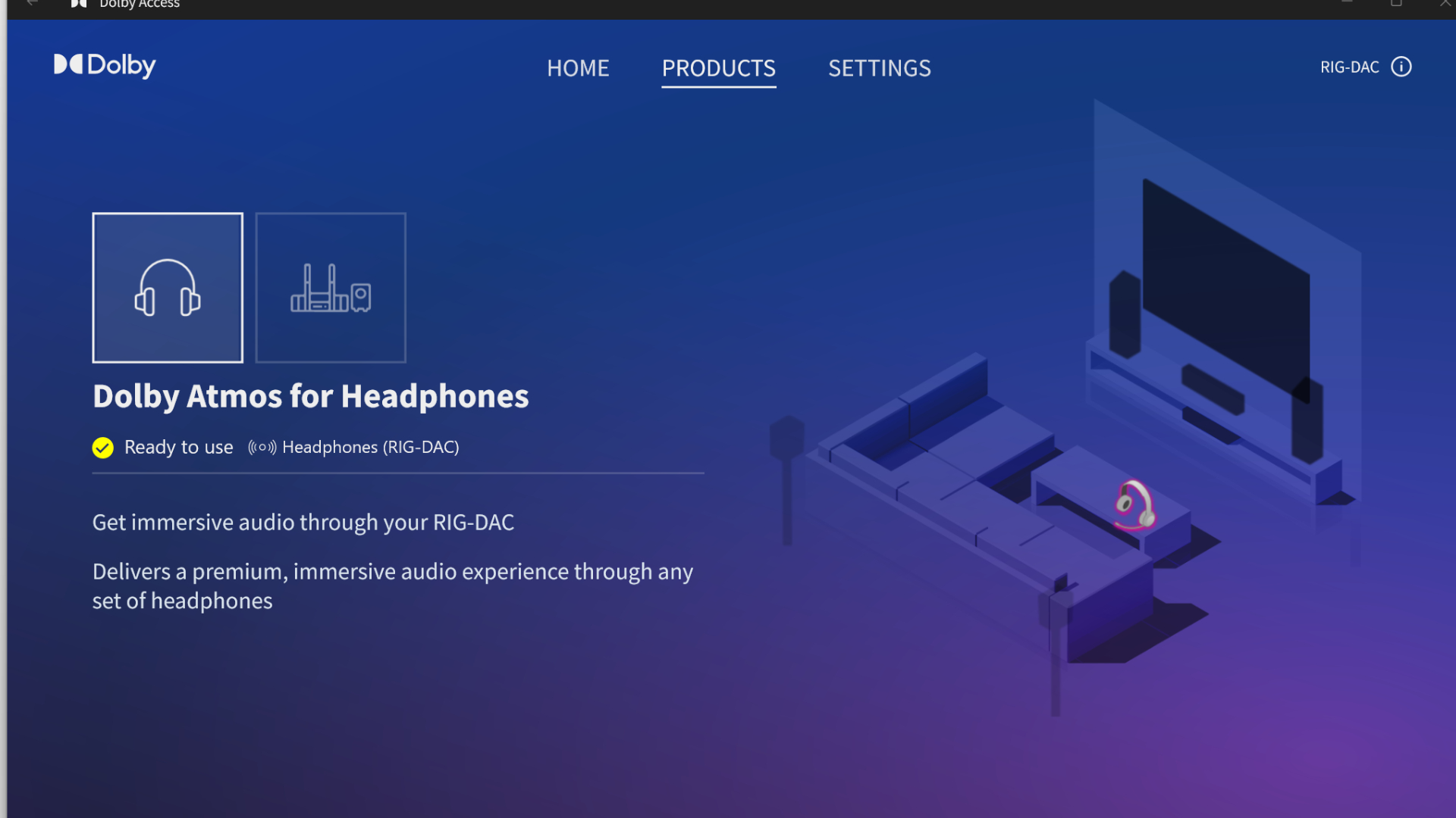 A screenshot of the Dolby Access app for headphones