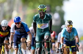 VILLENEUVE-SUR-LOT, FRANCE - JULY 11: Biniam Girmay of Eritrea and Team Intermarche - Wanty - Green Sprint Jersey (C) celebrates at finish line as stage winner during the 111th Tour de France 2024, Stage 12 a 203.6km stage from Aurillac to Villeneuve-sur-Lot / #UCIWT / on July 11, 2024 in Villeneuve-sur-Lot, France. (Photo by Tim de Waele/Getty Images)