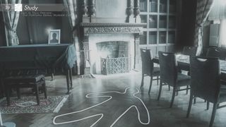 An outline of a murder victim on the floor of a study.
