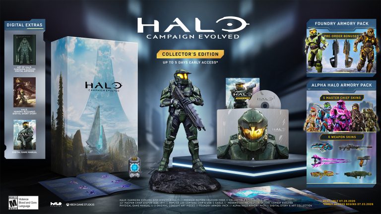 Halo: Campaign Evolved Collector's Edition contents featuring a Master Chief statue, steelbook case, art book, digital extras, armor packs, weapon skins, and early access bonuses.