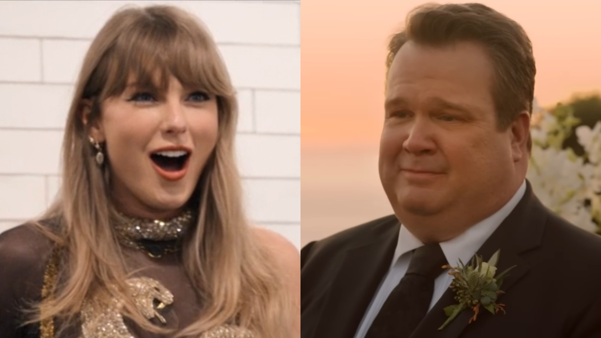 From left to right: Taylor Swift looking shocked in The End of an Era and Eric Stonestreet looking emotional in Modern Family. 