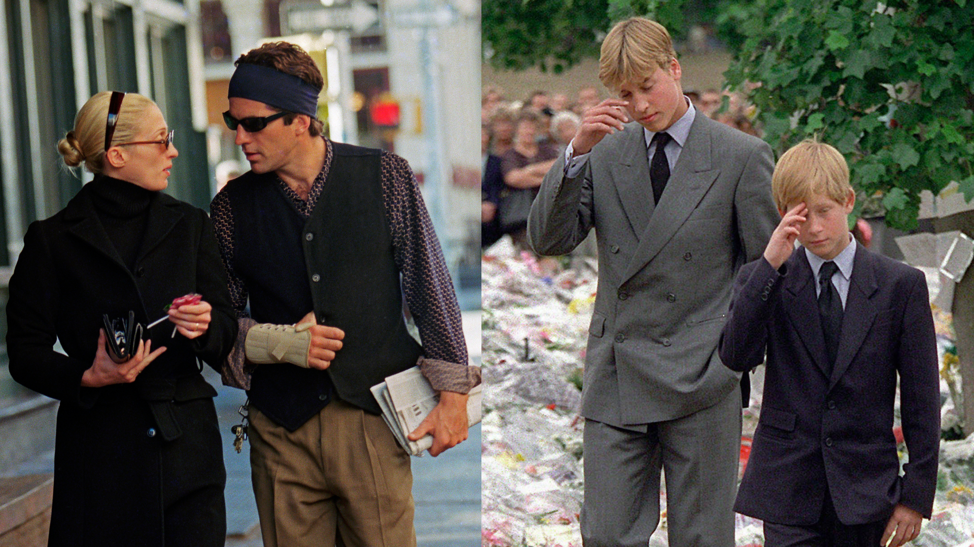 Carolyn Bessette Kennedy walking with John F. Kennedy Jr. in NYC; Prince Harry and Prince William wiping their eyes after Princess Diana's death