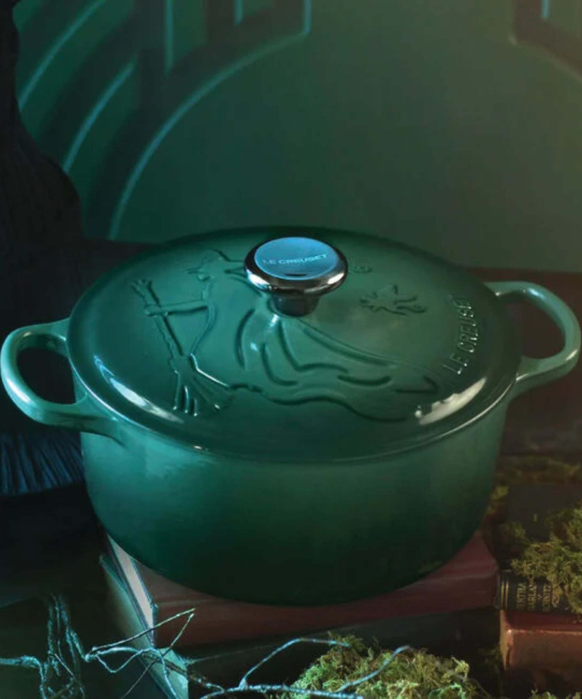 Emerald green embossed Dutch oven with witch design
