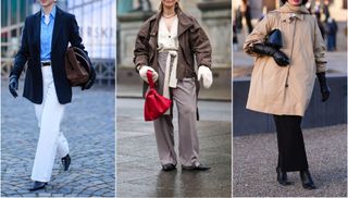 trio of images street style shots of women wearing gloves