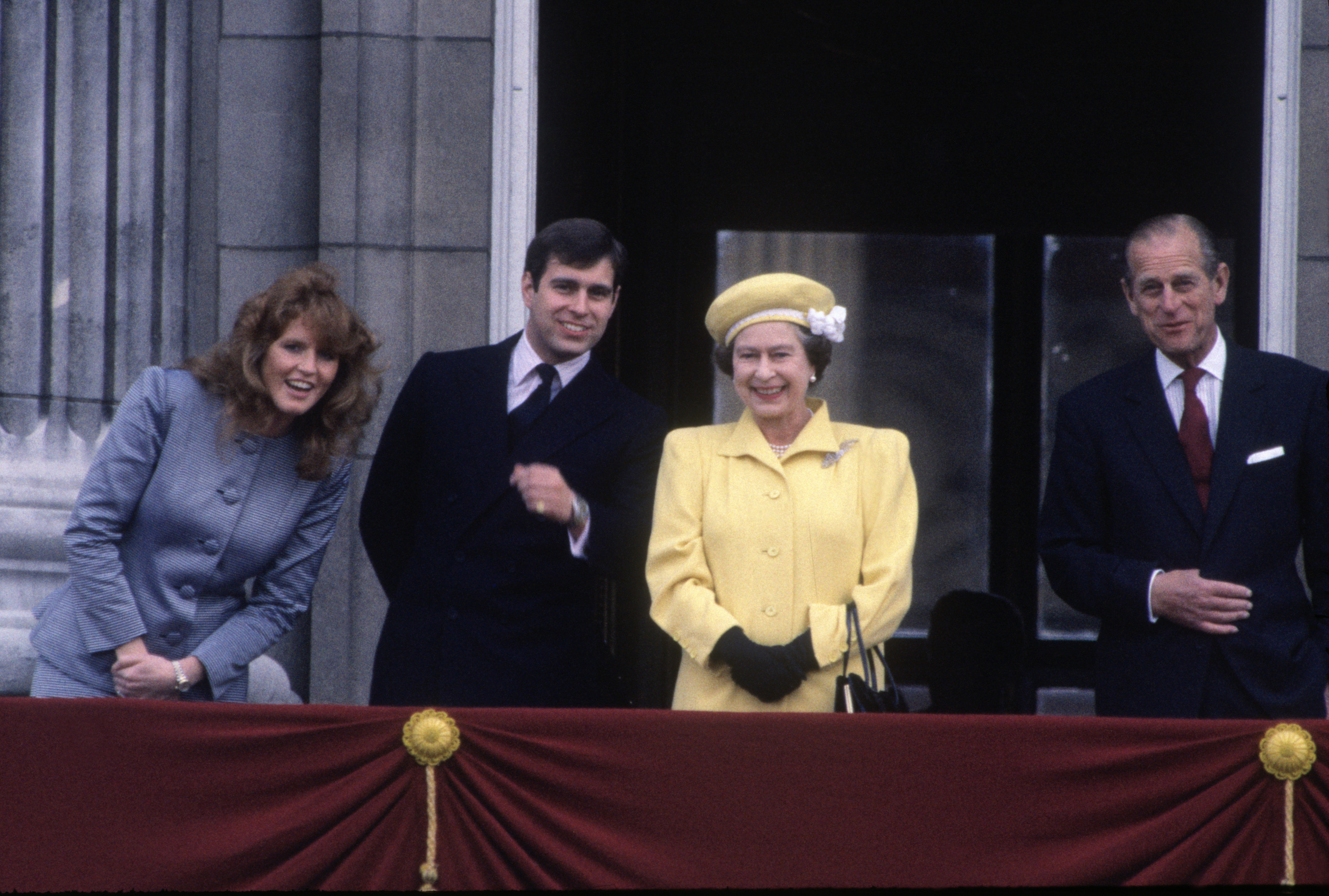 Sarah Ferguson, ex-Prince Andrew, Queen Elizabeth II, and Prince Philip celebrate the monarch's 60th birthday on April 21, 1986 at Buckingham Palace in London