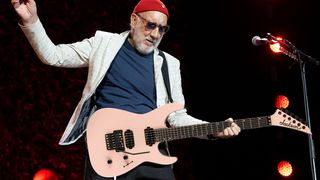 Artist's depiction of Pete Townshend playing a Jackson guitar