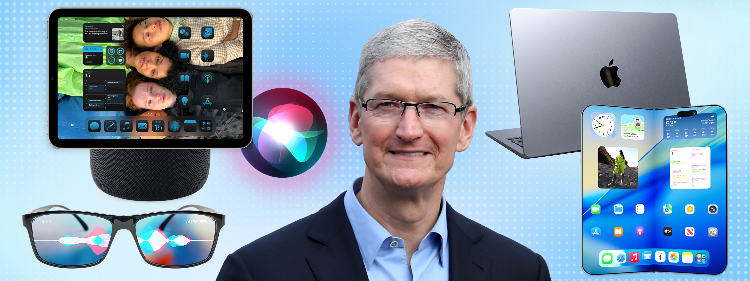 Render of Apple Glasses, HomePod with touchscreen, Siri icon, Tim Cook, MacBook Air and render of a folding iPhone.
