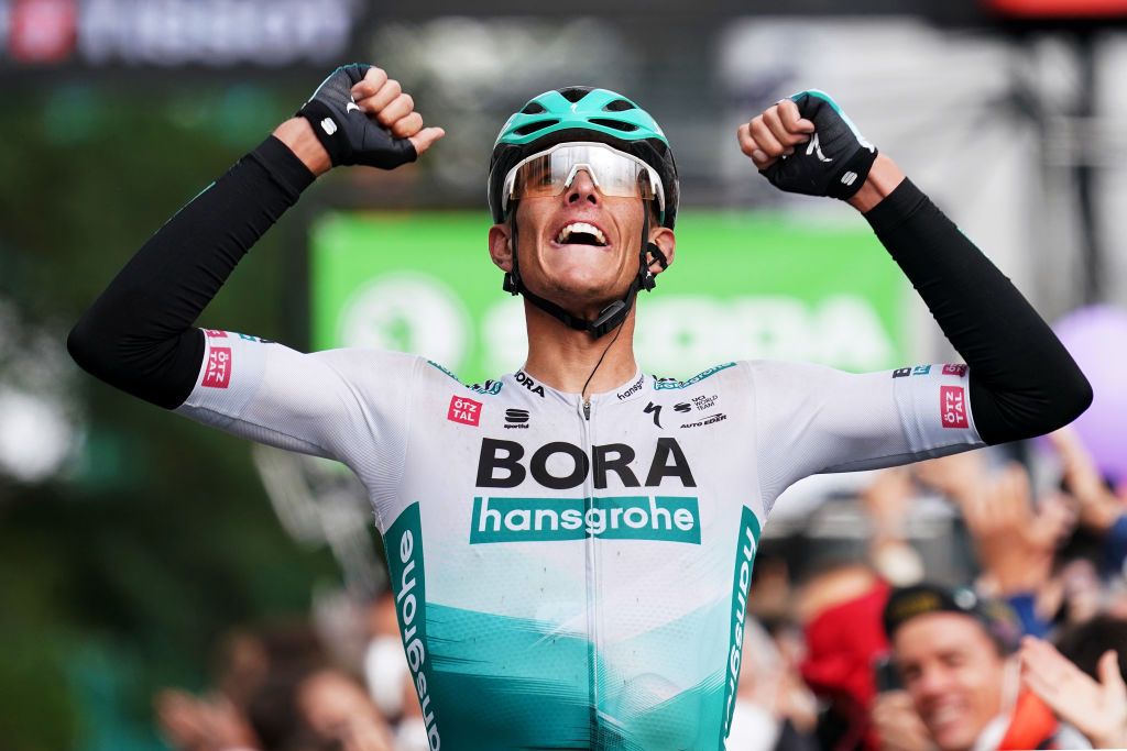 ERLANGEN GERMANY AUGUST 28 Nils Politt of Germany and Team Bora Hansgrohe celebrates winning during the 35th Deutschland Tour 2021 Stage 3 a 1933km stage from Ilmenau to Erlangen DeineTour on August 28 2021 in Erlangen Germany Photo by Christian KasparBartkeGetty Images