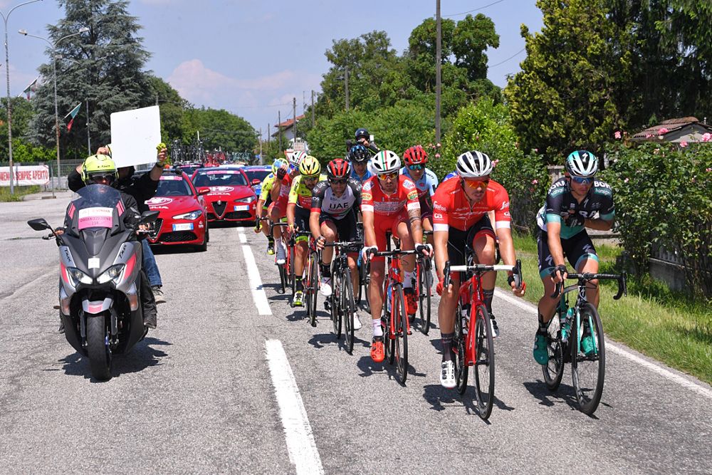 A 12-rider breakaway during stage 18 from Abbiategrasso to Prato Nevoso at the Giro d'Italia