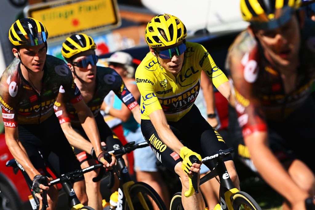 ALPE DHUEZ FRANCE JULY 14 Jonas Vingegaard Rasmussen of Denmark and Team Jumbo Visma Yellow Leader Jersey competes during the 109th Tour de France 2022 Stage 12 a 1651km stage from Brianon to LAlpe dHuez 1471m TDF2022 WorldTour on July 14 2022 in Alpe dHuez France Photo by Tim de WaeleGetty Images