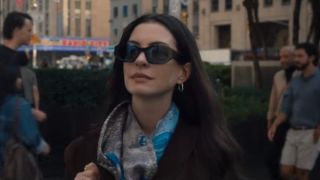 Anne Hathaway walking outside Radio City Music Hall in The Devil Wears Prada 2.