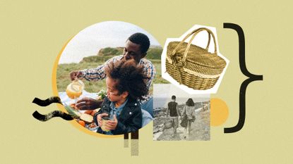 Photo collage of a father and son enjoying a picnic, a picnic basket, and a couple walking in nature with a wicker basket