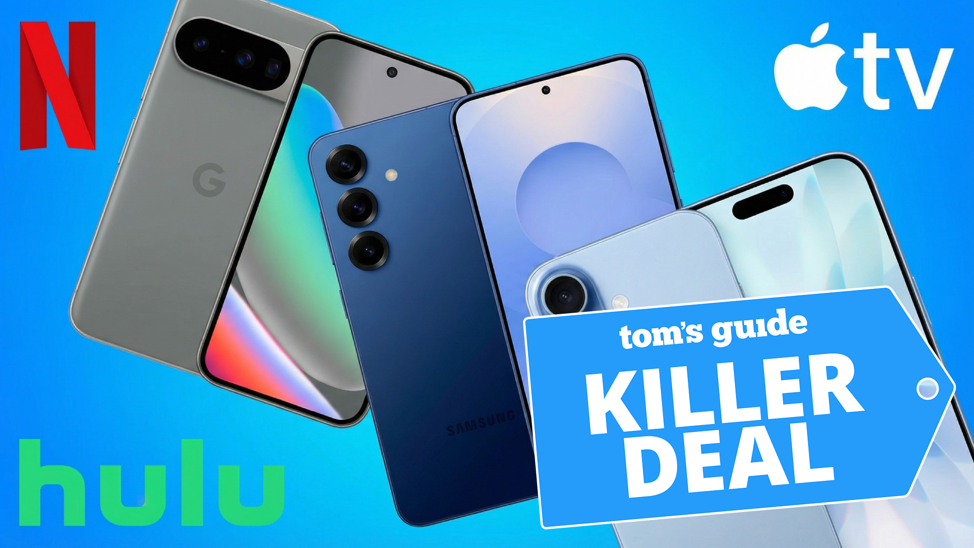 Logos for Netflix, Hulu, and Apple TV surrounding a Pixel 10, Galaxy S25, and iPhone 17