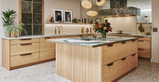 neutral kitchen with fluted wooden kitchen cabinets and splashback to highlight a key kitchen trend 2024