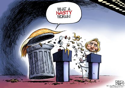 Political cartoon U.S. presidential debate nasty women comment