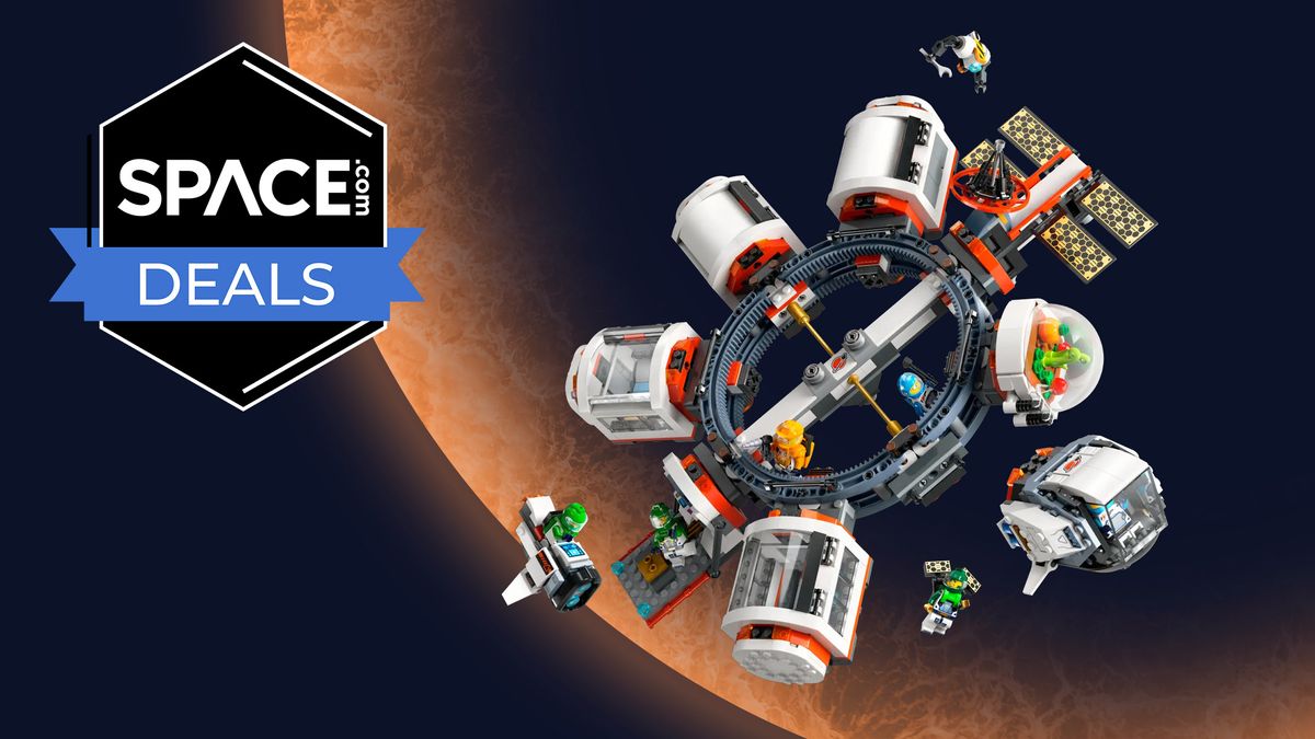 Lego City Modular Space Station against an orange planet background with a &#039;Space.com deals&#039; logo