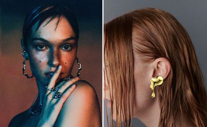 Models wear gold squiggle jewellery by Steff Eleoff