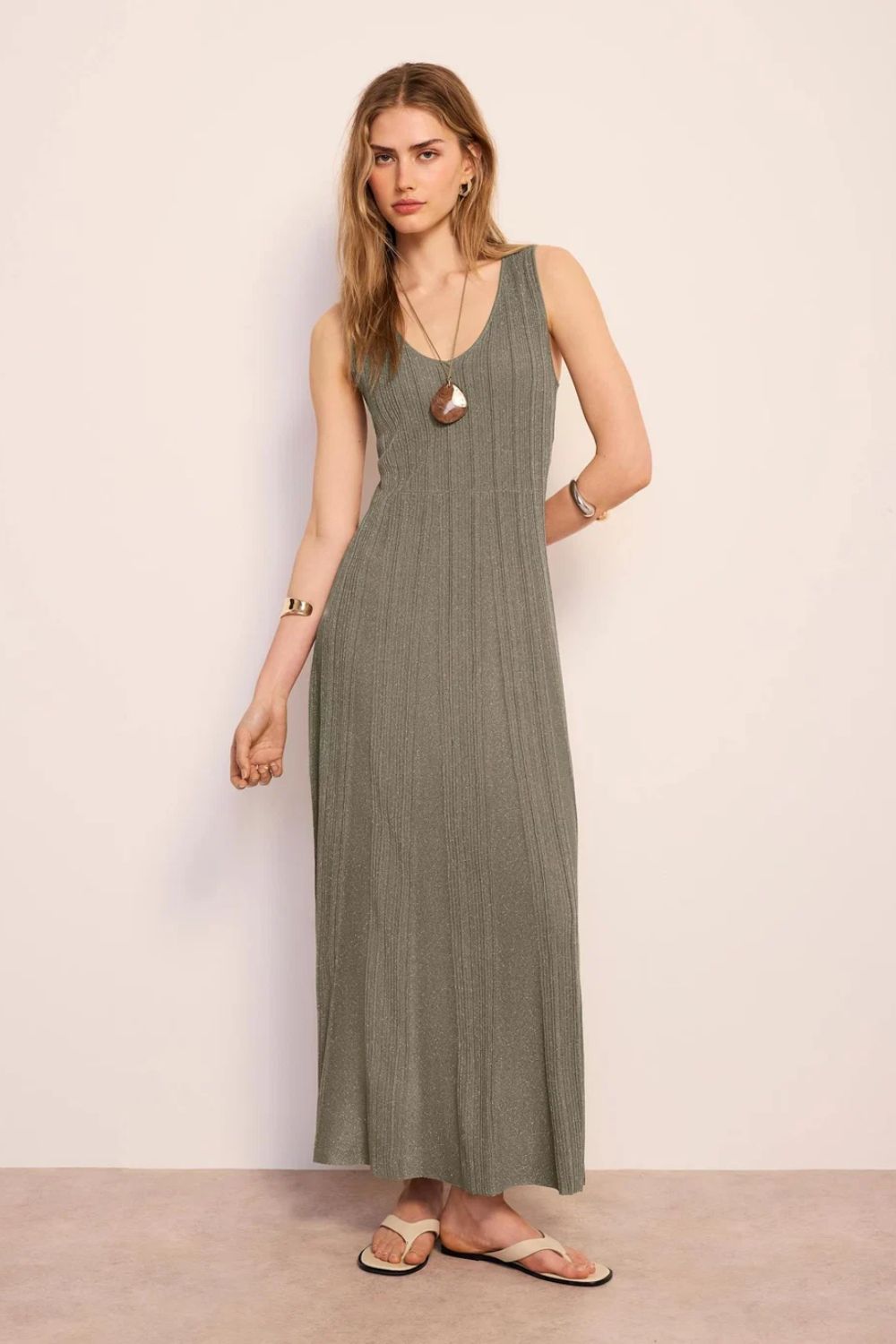 Mint Velvet, Khaki Sleeveless Knit Midi Dress