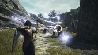 Dragon's Dogma 2 character shoots at an enemy in the distance with magic.
