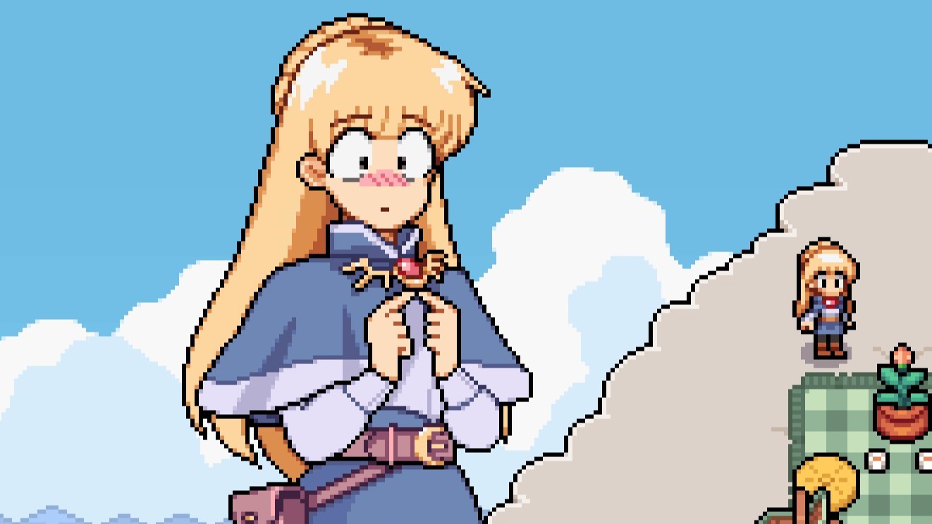 Fields of Mistria - Celine blushes while talking to the main character at the summit