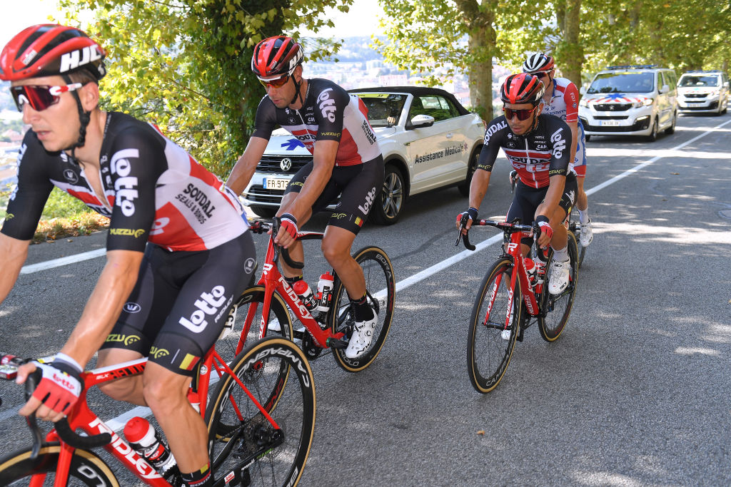 VILLARDDELANS FRANCE SEPTEMBER 15 Jasper De Buyst of Belgium and Team Lotto Soudal Roger Kluge of Germany and Team Lotto Soudal Caleb Ewan of Australia and Team Lotto Soudal Dropped from Peloton during the 107th Tour de France 2020 Stage 16 a 164km stage from La TourDuPin to VillardDeLans 1152m Auberge de la Cte 2000 TDF2020 LeTour on September 15 2020 in VillardDeLans France Photo by Tim de WaeleGetty Images