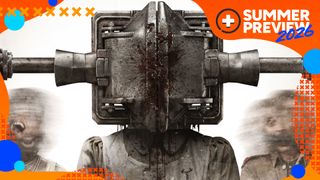 Key art for SAW: Genesis showing a figure with a head crushed by square pistons, flanked by two characters with smudged faces, with the orange GamesRadar+ Summer Preview 2026 frame