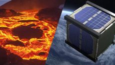 Lava flows from a volcano; a wooden satellite illustration orbits earth.