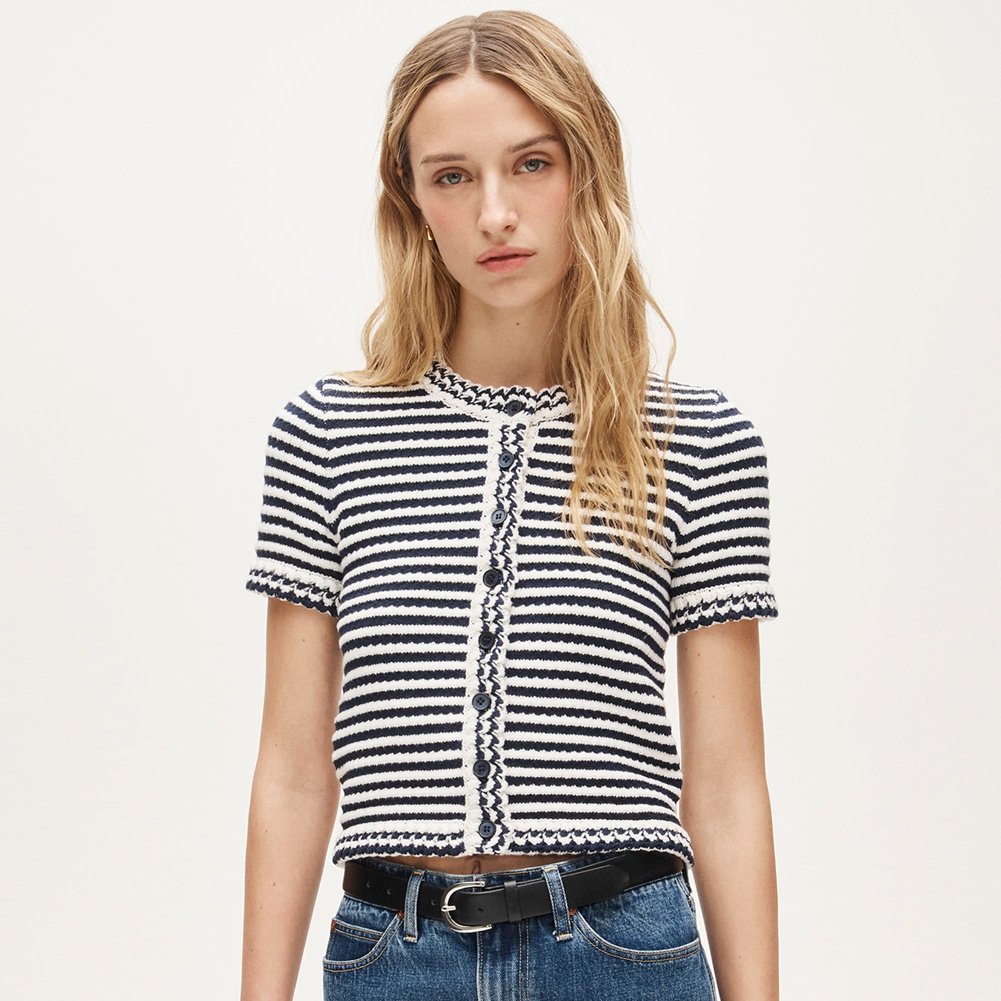 Crochet Short-Sleeve Cardigan in Stripe