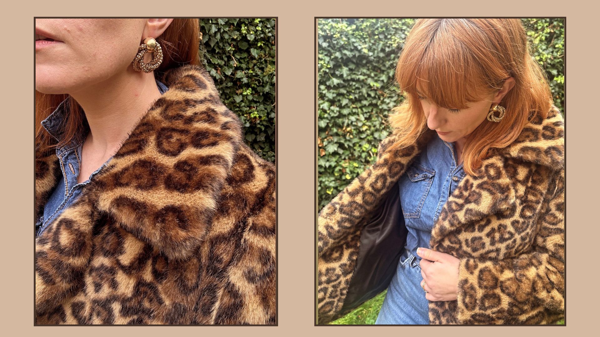 two close up shots of matilda wearing the mango leopard print jacket