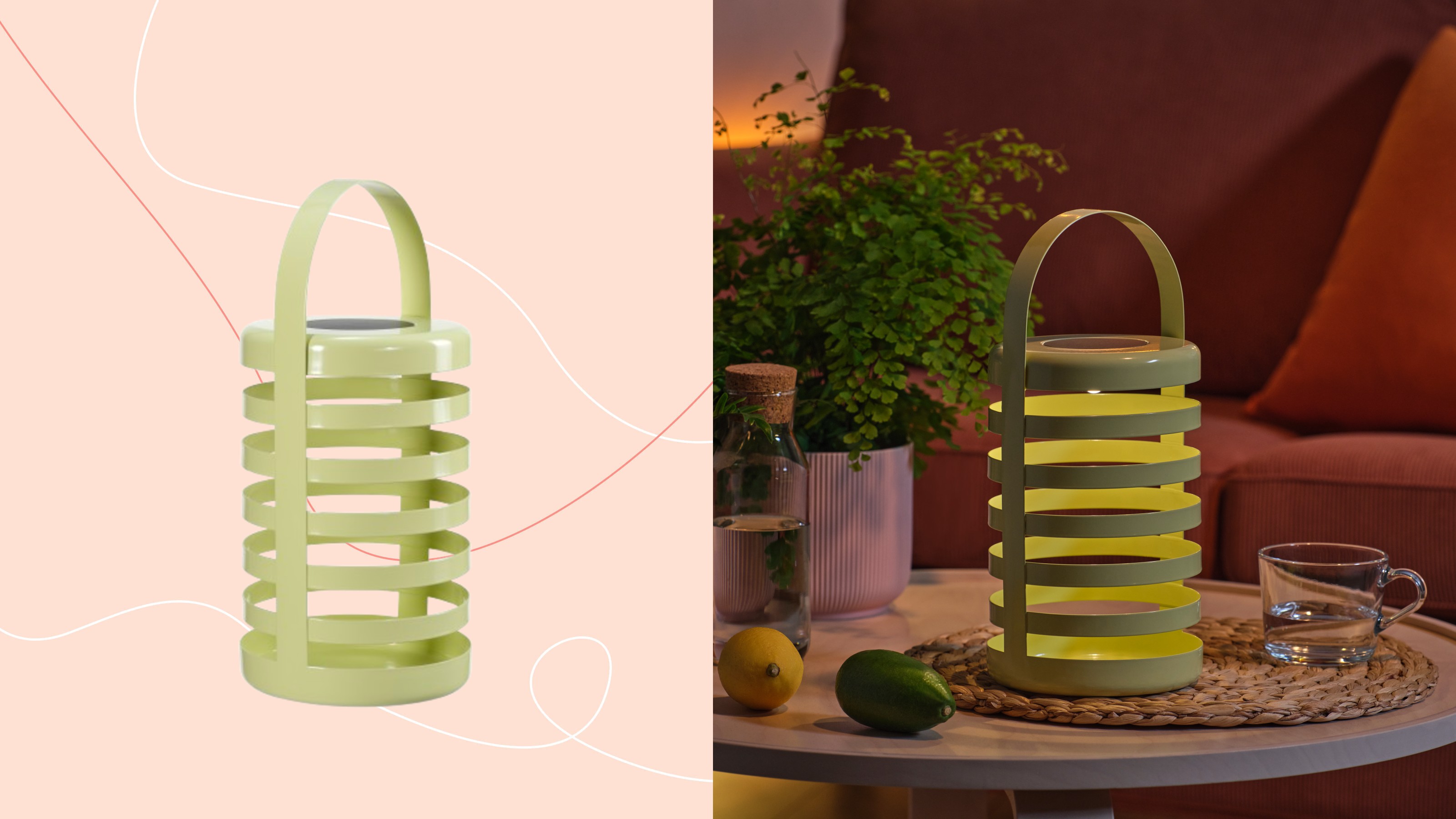 IKEA's SOLVINDEN solar outdoor lantern on a pink background next to a picture of it lit up on a garden coffee table