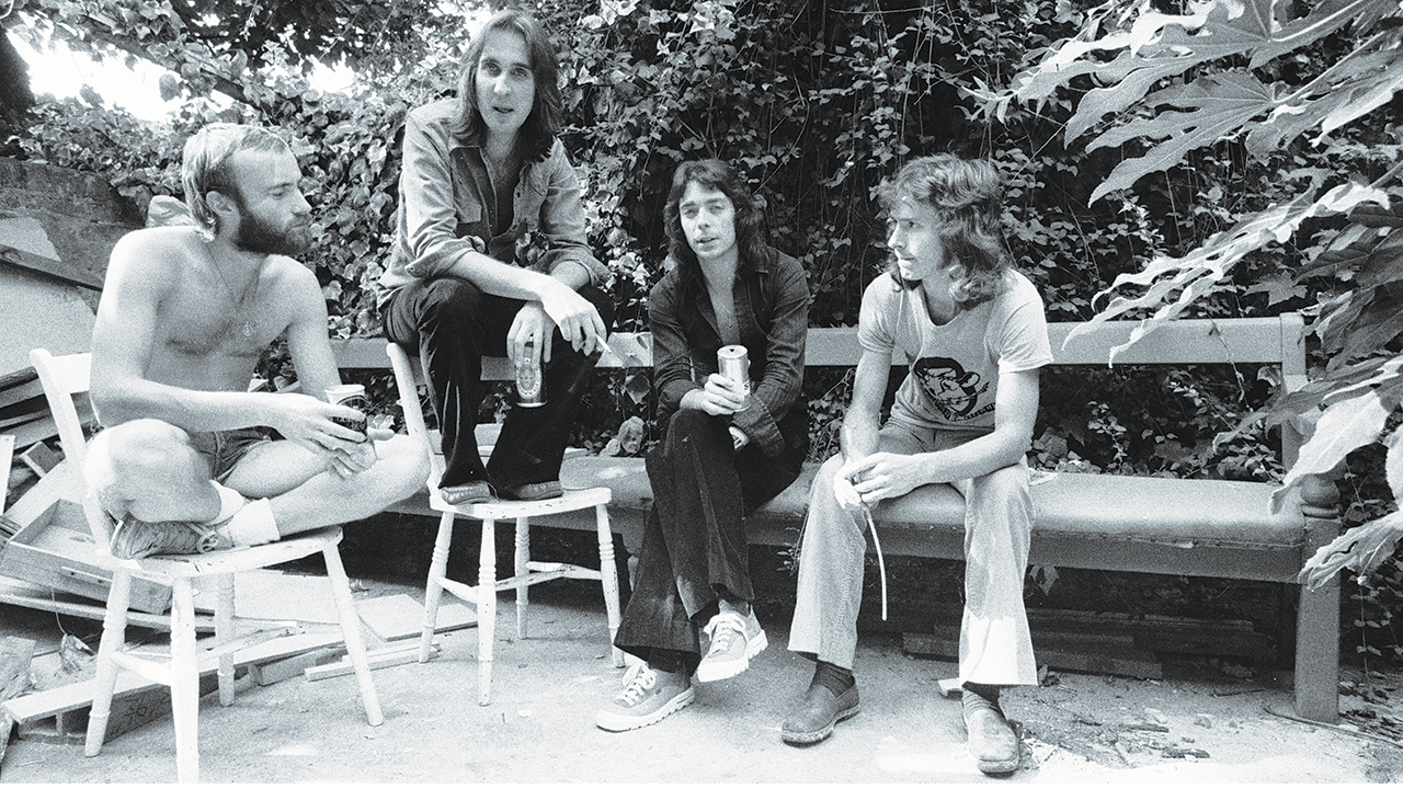 Taking A Break. Genesis, L-R: Phil Collins, Mike Rutherford, Steve Hackett, Tony Banks.
