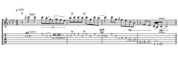 Using the C blues scale, this example typifies Billy's relaxed but 'in command' feel. Details to be aware of are the slow triplets (in bar 1), quarter-tone bends, staccato notes and pinch harmonics.