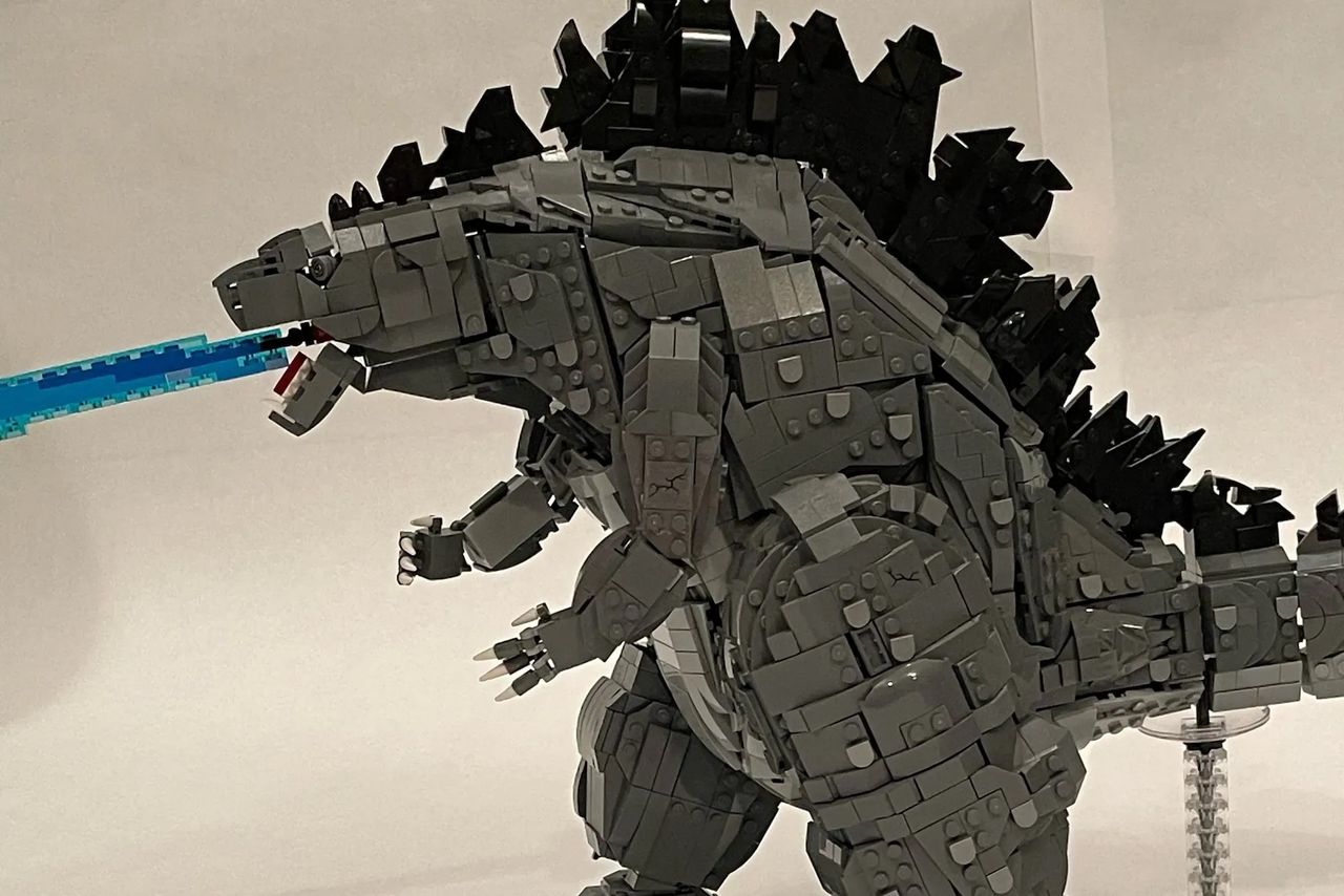 Godzilla LEGO set from three different angels including a shot of the blue beam coming out of his mouth