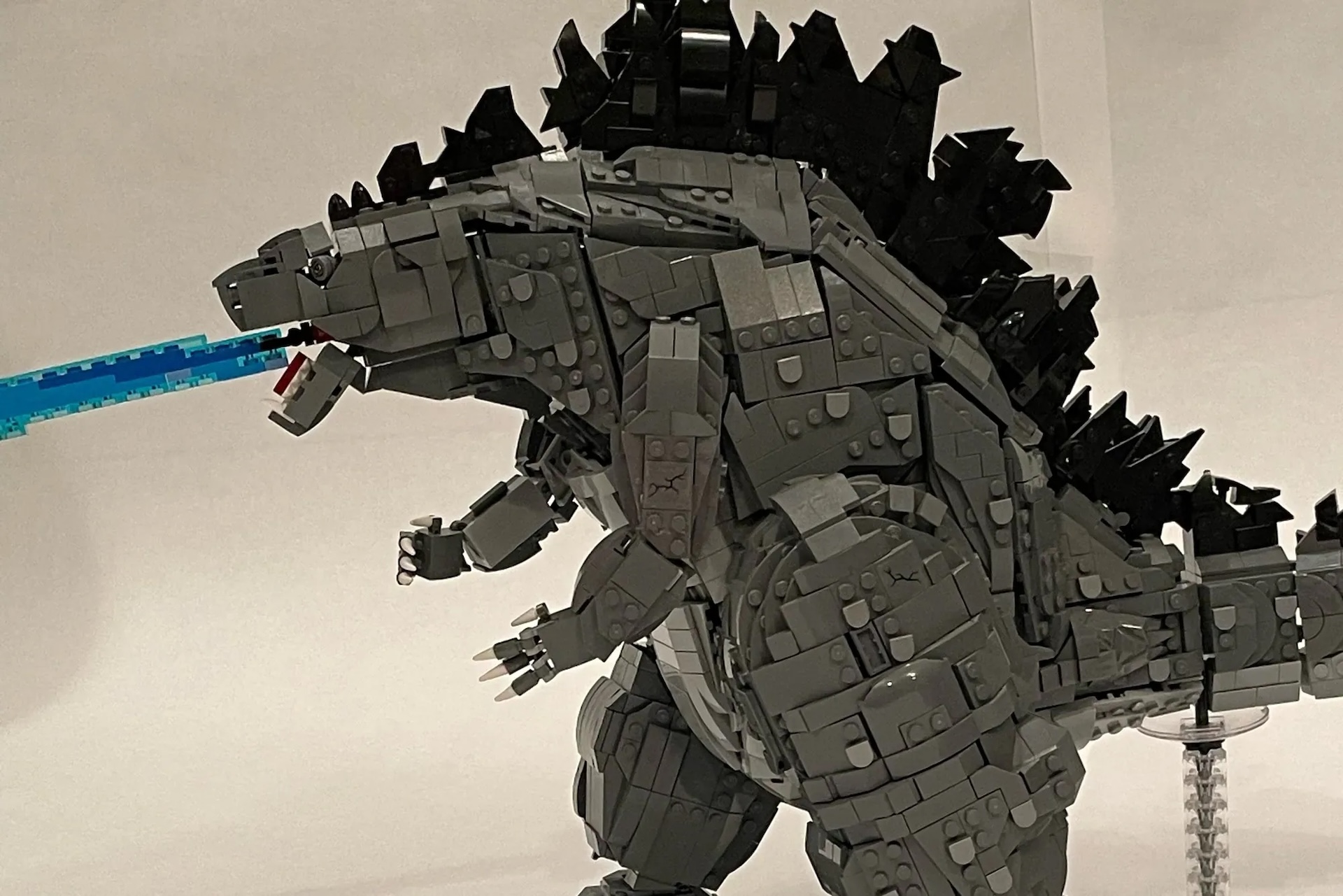 Godzilla LEGO set from three different angels including a shot of the blue beam coming out of his mouth