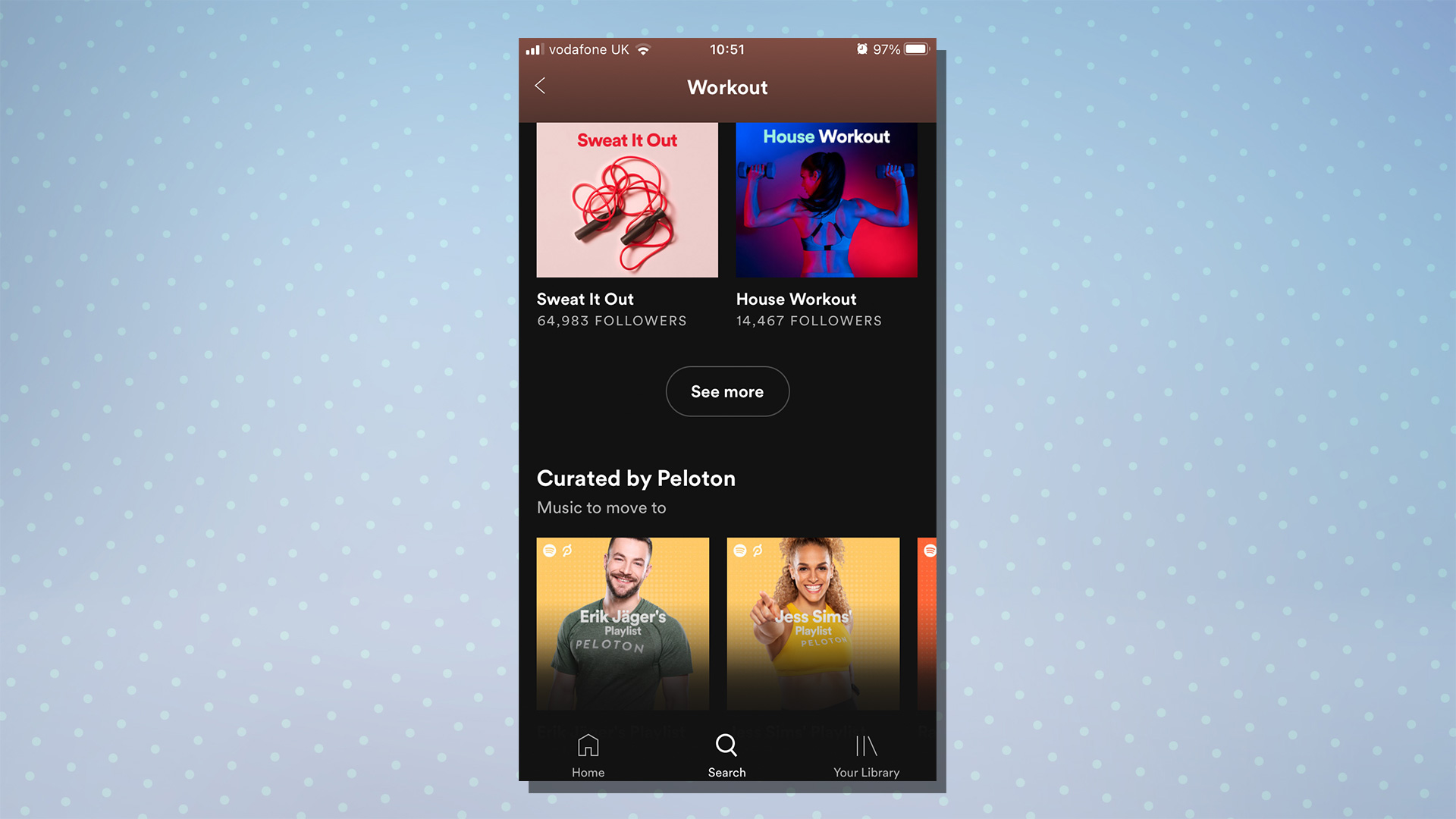 A screenshot from Spotify showing the workout feature