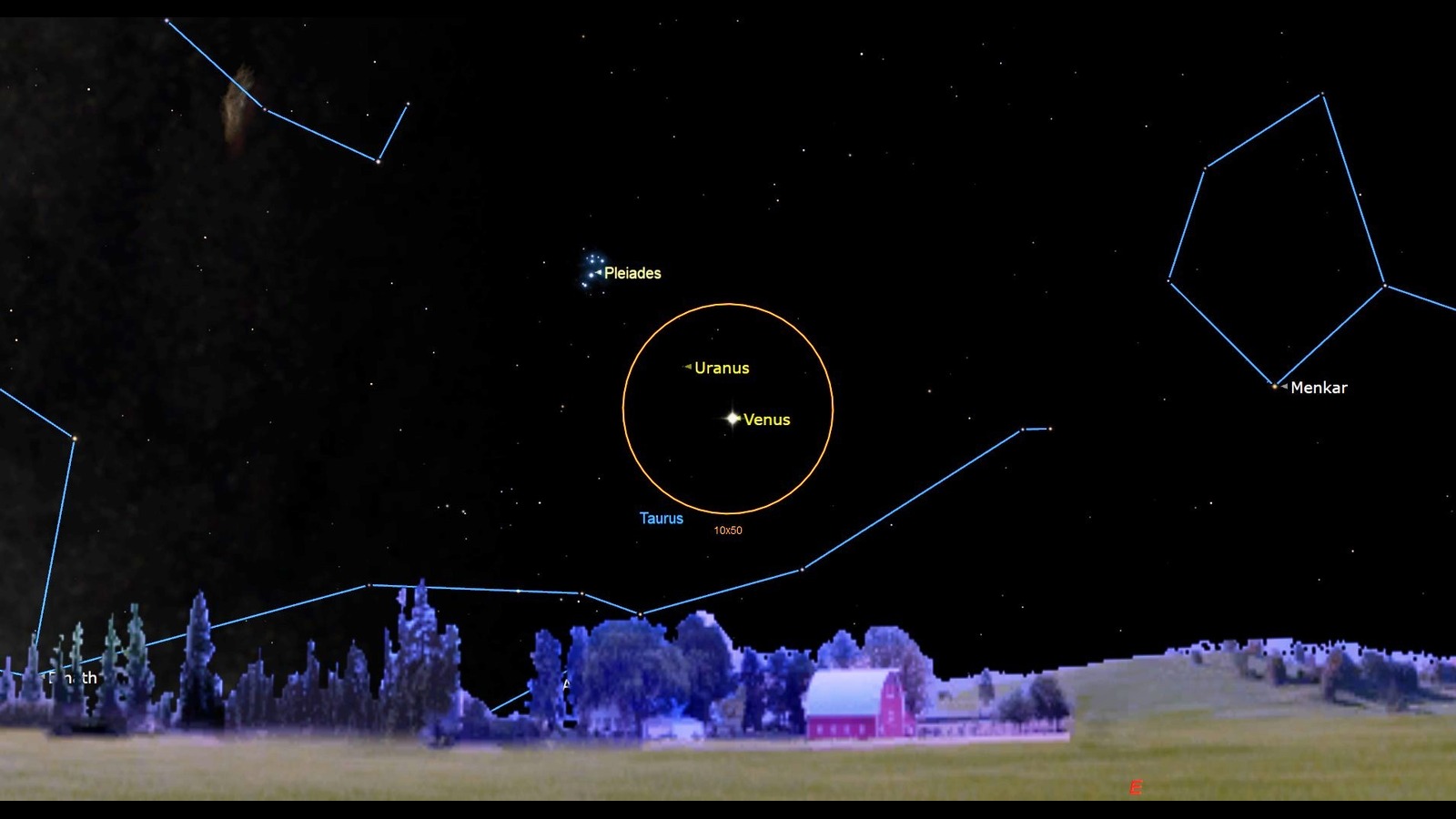 A map of the night sky with Venus and Uranus