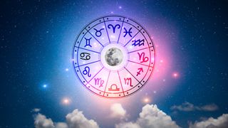 Mars retrograde 2022: Zodiac signs inside of horoscope circle. Astrology in the sky with many stars and moons astrology and horoscopes concept.