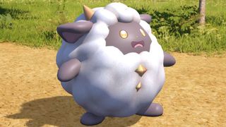 Lamball from Palworld as it stands in a grassy area and looks surprised