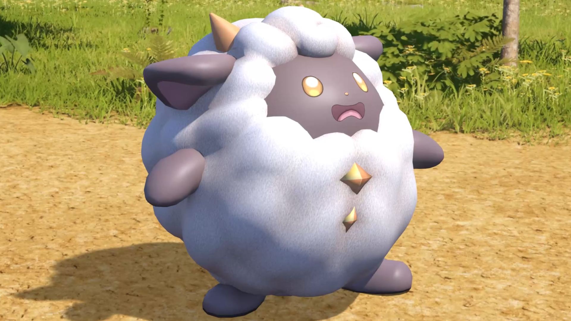 Lamball from Palworld as it stands in a grassy area and looks surprised
