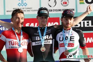 Ahmet Orken, Sam Bennett and Simone Consonni on the Tour of Turkey stage 5 podium