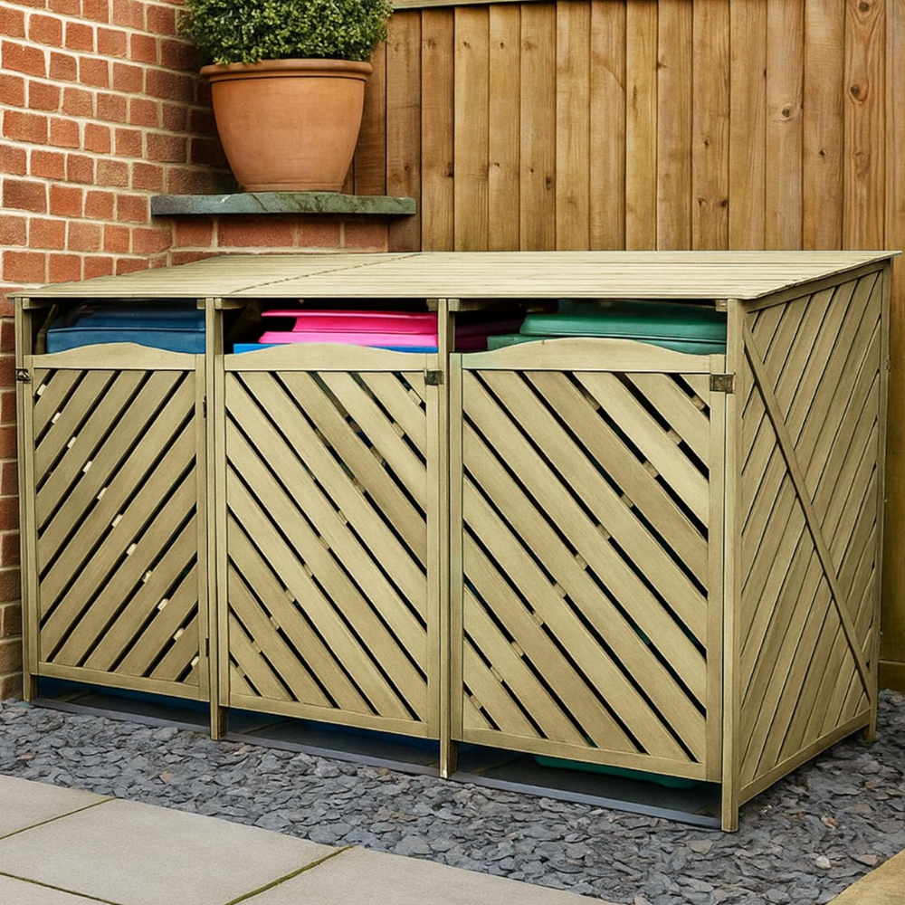 Triple wooden bin store with slats diagonal