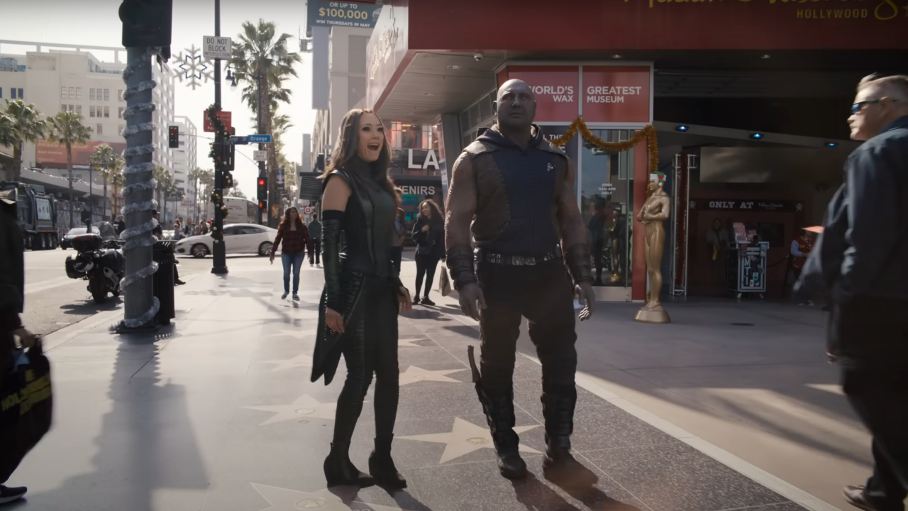 Praying Mantis and Drax take a stroll through Hollywood in The Guardians of the Galaxy Holiday Special