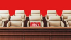 Photo illustration of an empty jury box and a 'Sorry we're closed' sign