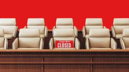 Photo illustration of an empty jury box and a 'Sorry we're closed' sign
