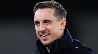 LONDON, ENGLAND - FEBRUARY 26: Sky Sports pundit Gary Neville reacts prior to the Premier League match between West Ham United and Brentford FC at London Stadium on February 26, 2024 in London, England. (Photo by James Gill - Danehouse/Getty Images)