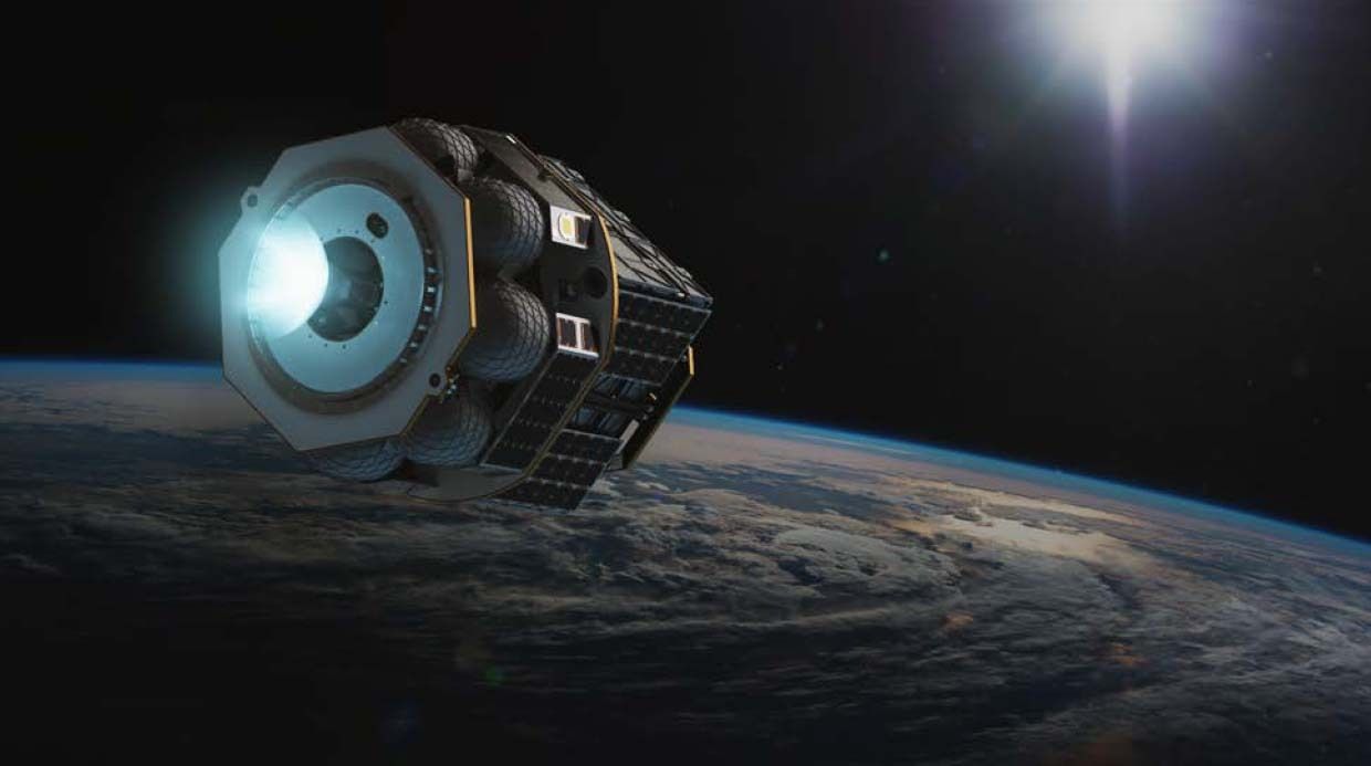 An artist's concept of the Launcher Orbiter with its propulsion module engaged.