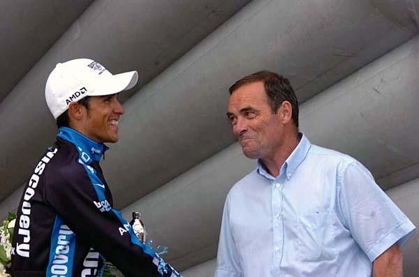 Alberto Contador (Discovery Channel) gets congratulations from Bernard Hinault.