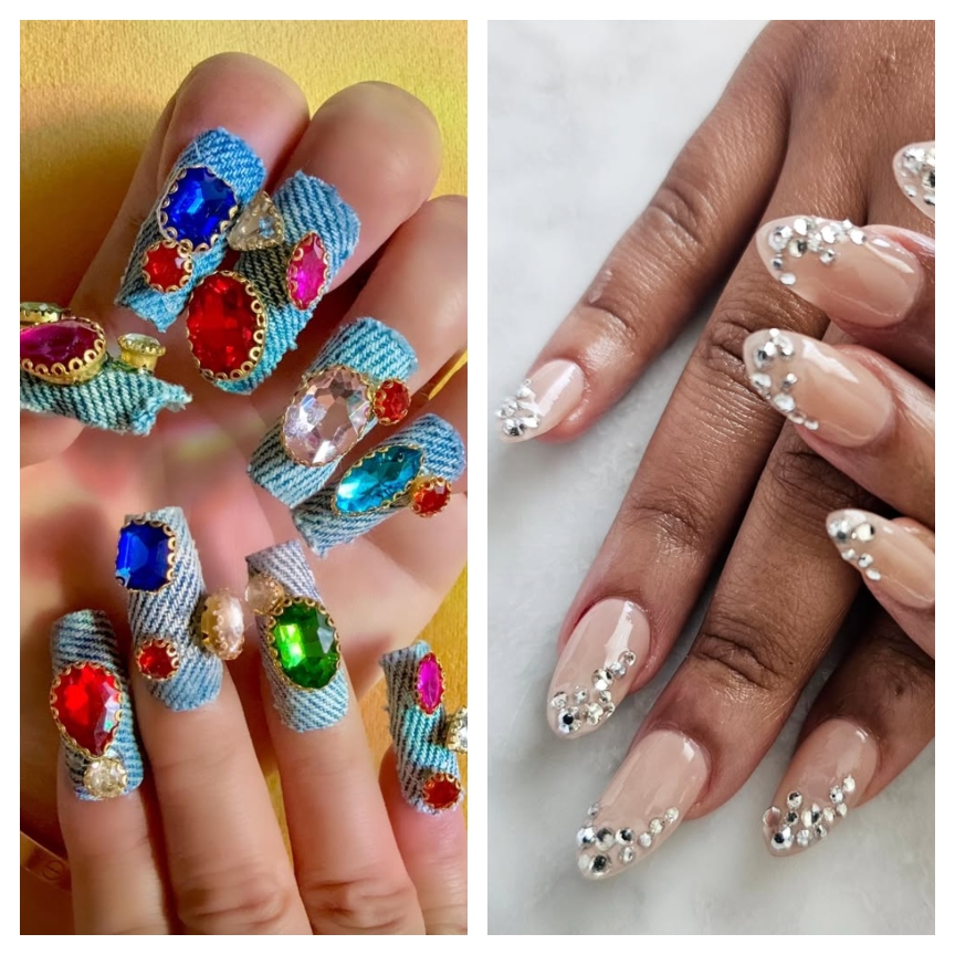 a side by side shot of two hands with colorful and gemstone nails