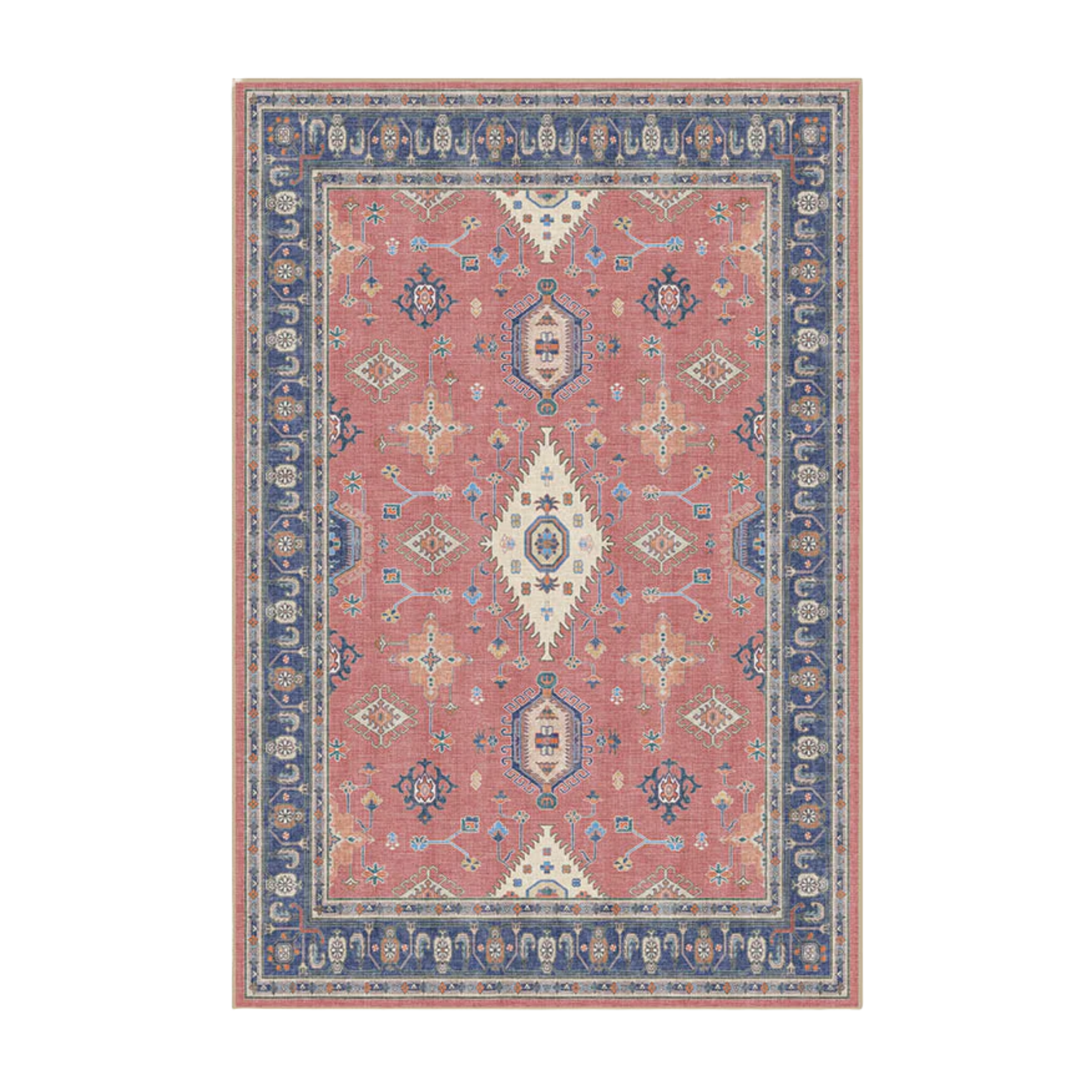 an outdoor rug with geometric patterns in red and blue